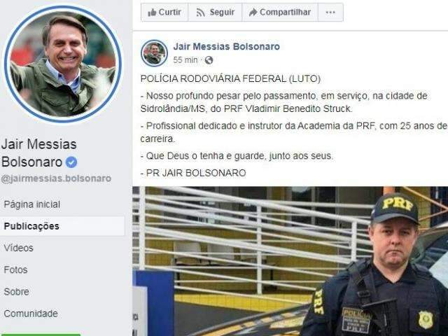 Bolsonaro publica nota de pesar pela morte de PRF atropelado em MS