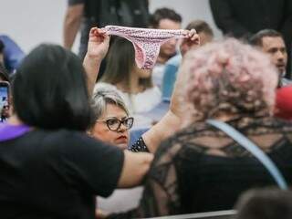 A advogada, de 51 anos, Ritva Cecília Vieira em protesto na Assembleia Legislativa de MS contra deputados estaduais que se opuseram a mulheres que teriam tirado as calcinhas em frente a igreja evangélica na 14 de Julho. (Foto: Marcos Maluf)