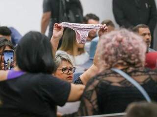 Mulher mostra calcinha durante protesto ontem na Assembleia Legislativa. (Foto: Marcos Maluf)