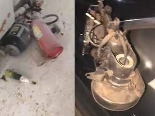 (1ª imagem) Extintor usado pelo autor para destruir cozinha do apartamento da vítima. (2ª imagem) Carro que foi danificado em garagem. 