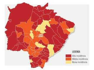 Em vermelho, municípios de Mato Grosso do Sul com alta incidência da dengue (Arte: Thiago Mendes)