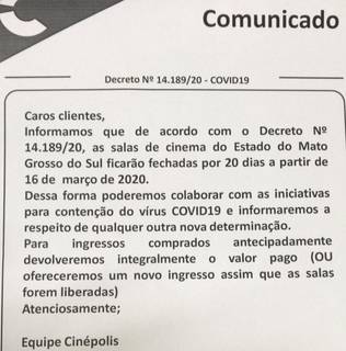 Comunicado sobre a suspensão das atividades do coronavírus (Foto: Divulgação)