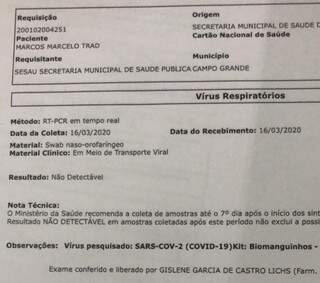 Cópia de resultado de exame feito pelo prefeito Marquinhos Trad. (Foto: Reprodução internet)