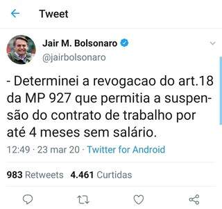 Presidente volta atr&aacute;s e revoga artigo que tirava at&eacute; sal&aacute;rio de trabalhador
