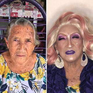 O antes e depois da transformação de dona Nena em drag queen. (Foto: Arquivo pessoal)