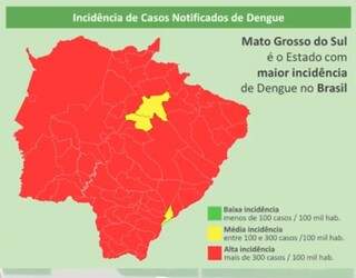 Mapa divulgado pelo governo mostra alta incidência da dengue em MS (Foto/Reprodução)