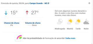 Climatempo mostra previsão de mínima de 15ºC e máxima de 27ºC amanhã em Campo Grande.