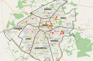 Distribuição dos casos em Campo Grande; pontinhos vermelhos são os confirmados e amarelos os suspeitos (Foto: Sisgran/Reprodução)