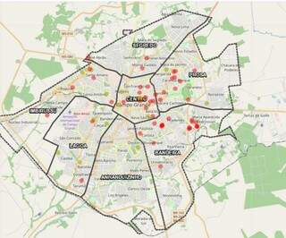 Mapa sobre a ocorrência do coronavírus em Campo Grande (Foto: Reprodução/Sisgran)