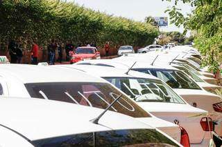 Táxis perfilados durante velório de motorista assassinado em Campo Grande nesta segunda-feira. (Foto Henrique Kawaminami))