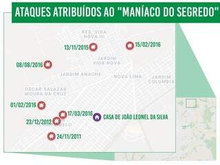 Mapa mostra a data e a localização de 7 ataques atribuídos a &#34;Maníaco do Segredo&#34; registrados oficialmente, todos próximos da casa dele. (Arte: Ricardo Oliveira)