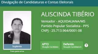 Cadastro de Aliscinda Tibério, quano ela foi candidata a vereadora por Aquidauana em 2016 (Foto: Reprodução)