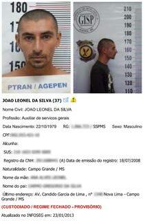 Ficha de João Leonel no sistema prisional, feita em 2013, em uma das passagens dele pela cadeia. (Foto: Reprodução do processo)