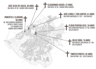 Mapa mostra proximidade dos locais onde assassino em série enterrou vítimas. (Arte: Thiago Mendes)