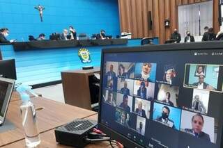 Deputados durante sessão em videoconferência, na Assembleia (Foto: Assessoria - ALMS)