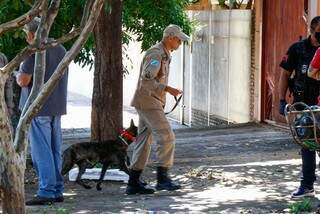 Bombeiro com um dos cãoes farejadores (Foto: Henrique Kawaminami)