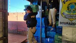 Policiais carregam fardos de maconha encontrados em compartimento oculto no baú de carreta (Foto: Adilson Domingos)