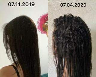 A foto à esquerda mostra o cabelo ainda com progressiva e à direita, a mudança do liso para cacheado. (Foto: Arquivo pessoal)