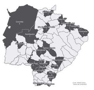No mapa, números e locais das morte por dengue em MS (Foto: SES/Divulgação)