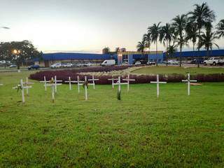 Cruzes brancas colocadas em frente à prefeitura para homenagear vítimas da covid-19 (Foto: Adilson Domingos)