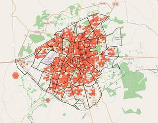 Mapa de Campo Grande pintado vermelho com a incidência de casos de contágio pelo novo coronavírus. (Foto: Reprodução do site da Secretaria de Saúde)