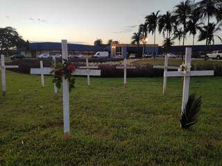 Cruzes instaladas em frente à prefeitura para homenagear mortos pela covid-19 (Foto: Adilson Domingos)