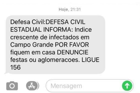Atrav&eacute;s de mensagens Defesa Civil faz apelo: &quot;denuncie festas ou aglomera&ccedil;&otilde;es&quot;