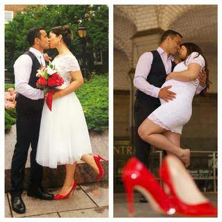 Na primeira foto, Lígia está vestida de noiva, segurando um buquê de flores ao lado do marido Alex Oliveira e na segunda foto, a felicidade aumenta com Luka na barriga. (Foto: Arquivo pessoal)