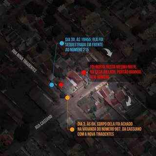 Mapa mostra proximidade entre local do rapto e lugar onde corpo foi deixado; residência de Marcos André fica no meio (Arte: Thiago Mendes)