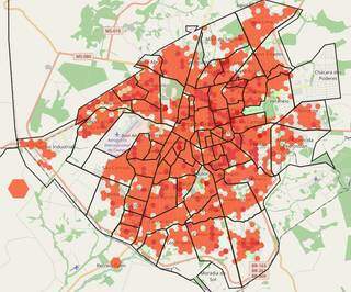 Mapa do sistema que monitora a covid na Capital mostra em vermelho a quantidade de casos confirmados na cidade.