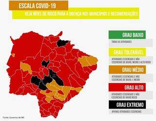 Mapa mostra Capital e demais municípios conforme escala de risco para a covid-19 (Infográfico: Ricardo Oliveira)