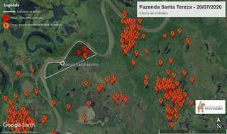 Pontos em vermelho mostram focos mais incidentes enquanto diversos pontos espalham-se no que se chama de zona de amortecimento na Serra do Amolar (Imagem: Divulgação/IHP)