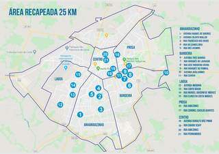Mapa dos 25 quilômetros de asfalto que serão recapeados na Capital. (Foto: Divulgação)