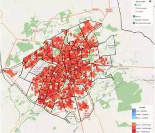 Mapa da área urbana de Campo Grande está pintado de vermelho pelas confirmações de covid-19. (Foto: Reprodução do Sisgran))