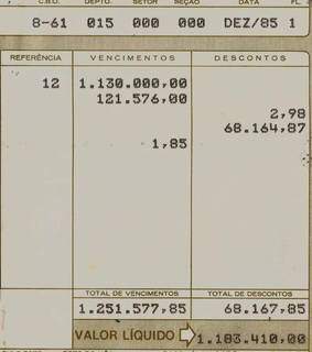 Parte do holerite de seu Adão em 1985; repare no valor líquido de seu salário (Foto: Arquivo Pessoal)