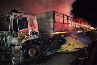 Carreta ficou completamente destruída após incêndio na rodovia. (Foto: Divulgação/Corpo de Bombeiros)