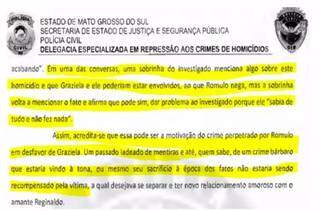 Trecho do relatório do inquérito contra Rômulo cita possível envolvimento de Grazi no crime em 2016 (Foto: Reprodução) 