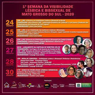 Programação completa da 1ª Semana da Visibilidade Lésbica e Bissexual de Mato Grosso do Sul. (Foto: Reprodução/Instagram)