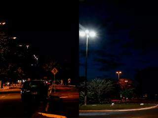 À esquerda, trecho do Parque onde iluminação é antiga; no lado direito, rotatória com lampadas de led (Fotos: Henrique Kawaminami)