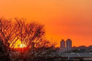 Sol e céu em tom laranja anunciam calor e tempo seco em Campo Grande nesta segunda-feira (31). (Foto: Henrique Kawaminami 