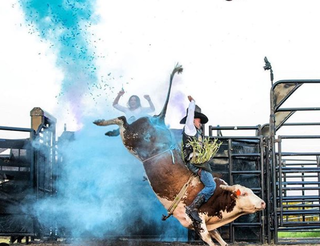 José em cima do touro após revelação no Texas. (Foto: André Silva)