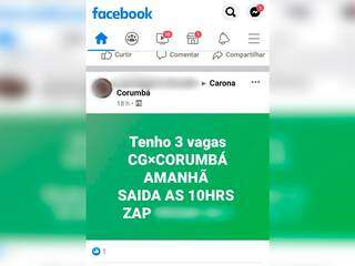 Reprodução de anúncio feito em grupo do Facebook mostra oferta de vagas de viagem de Campo Grande para Corumbá (Foto: Reprodução/Facebook)
