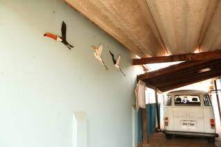 Aves do Pantanal esculpidas pelo avô de Rodrigo ficam expostas na garagem da casa (Foto: Kísie Ainoã)