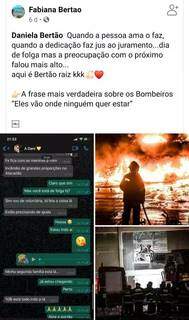 Postagem feita pela irmã da bombeira, Fabiana Bertão. (Foto: Reprodução/Facebook)