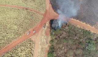 Flagrante de incêndio intercional em propriedade rural visto do alto (Foto: Divulgação)