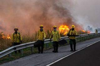 Brigadistas e as chamas altas ao fundo, em rodovia que corta Pantanal. (Foto: Chico Ribeiro/Divulgação)