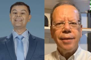 Vinícius Siqueira (PSL) e Marcelo Bluma (PV) em vídeos publicados nas redes sociais com conteúdo irregular, segundo a justiça eleitoral (Foto: Vídeos/Reprodução)