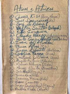 Lista com alguns nomes de atores e atrizes que Lilique anotou e guarda até hoje.