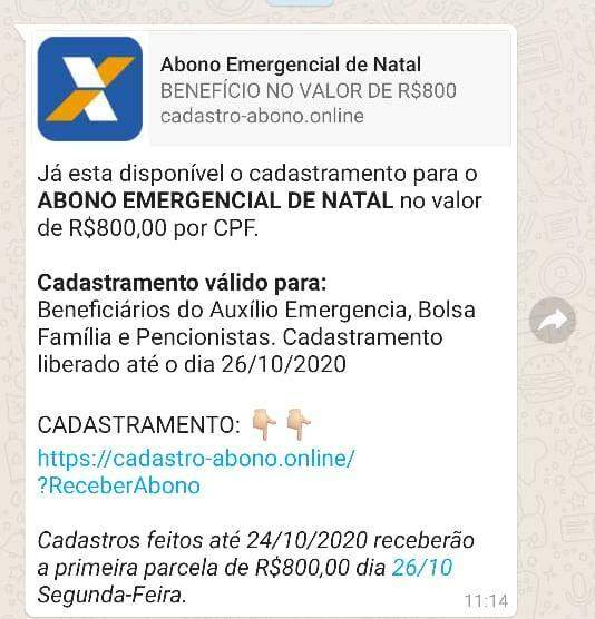 É fake: Abono Emergencial de Natal de R$ 800 é novo golpe no WhattsApp -  Direto das Ruas - Campo Grande News