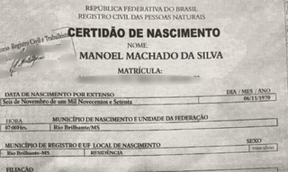 Certidão de Nascimento de Manoel Machado da Silva, personagem inventado por Paulo Cupertino para se esconder da polícia. (Foto: Reprodução)